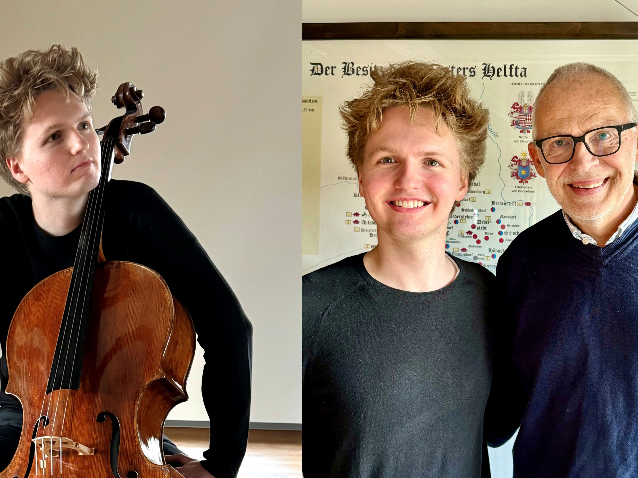 Links im Bild ist der Celllist und Cusanuswerk-Stipendiat Carlo Lay an seinem Instrument zu sehen. Rechts ist er zusammen mit dem Komponisten Stefan Heucke zu sehen.