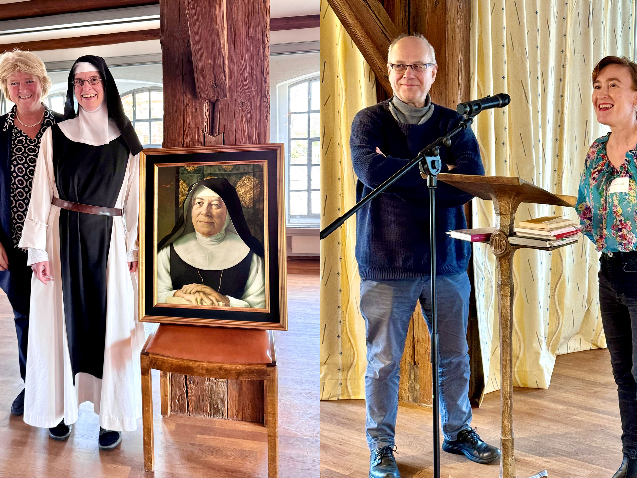Auf der linken Seite ist ein Gemälde der ehemaligen Äbtissin Maria Assumpta, das von Michael Triegel, Teilnehmer des Künstlertreffens 2024 vor 20 Jahren gemalt wurde. Daneben stehen Schwester Katharina vom Kloster Helfta und Prof. Monika Grütters. Rechts im Bild stehen Pater Mertes SJ und Nora Bossong am Mikrofon. 