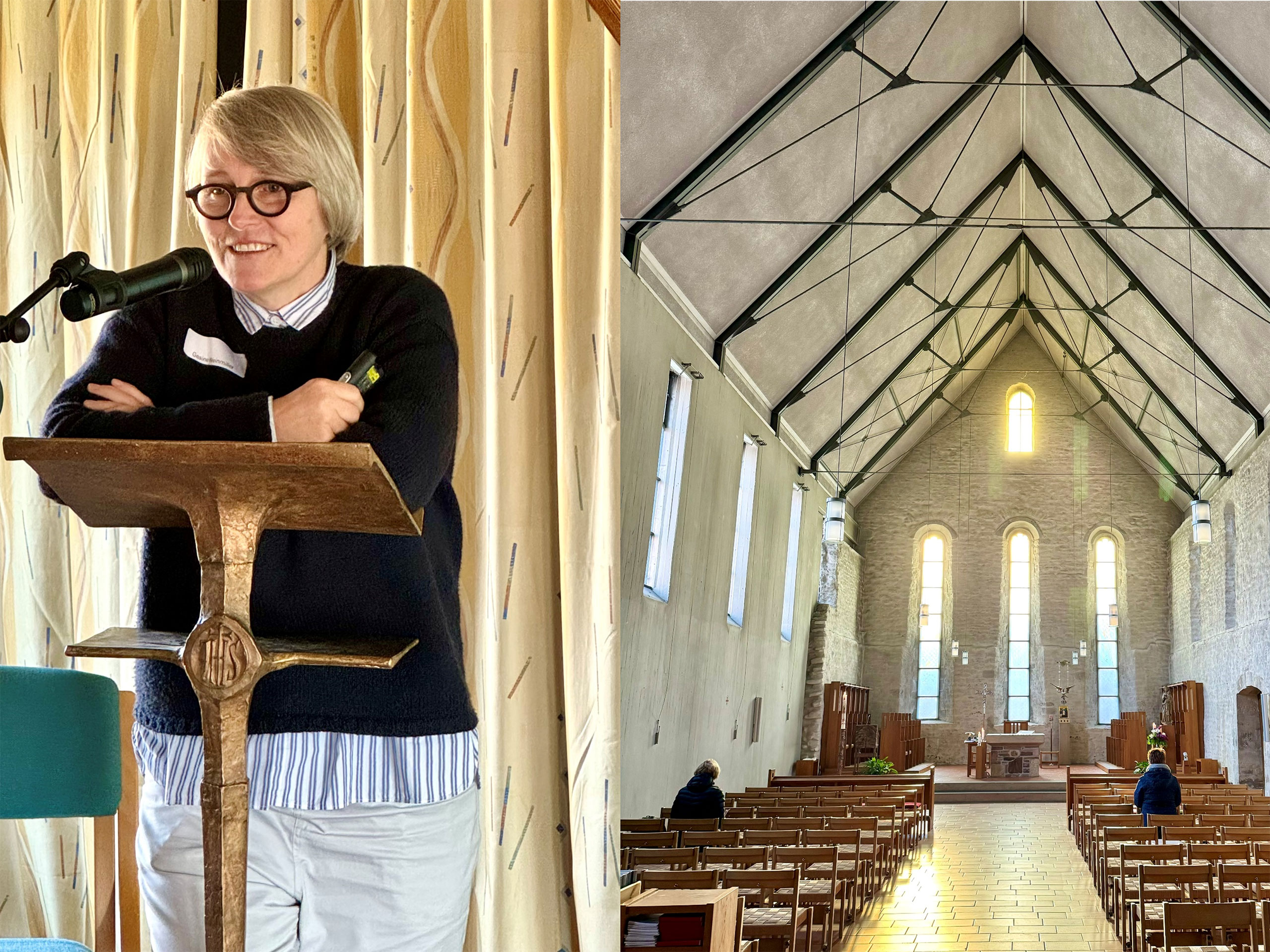 Links im Bild ist die Architektin Prof. Gesine Weinmiller am Mikro zu sehen, auf der rechten Seite ist die Klosterkirche Helfta zu sehen. 